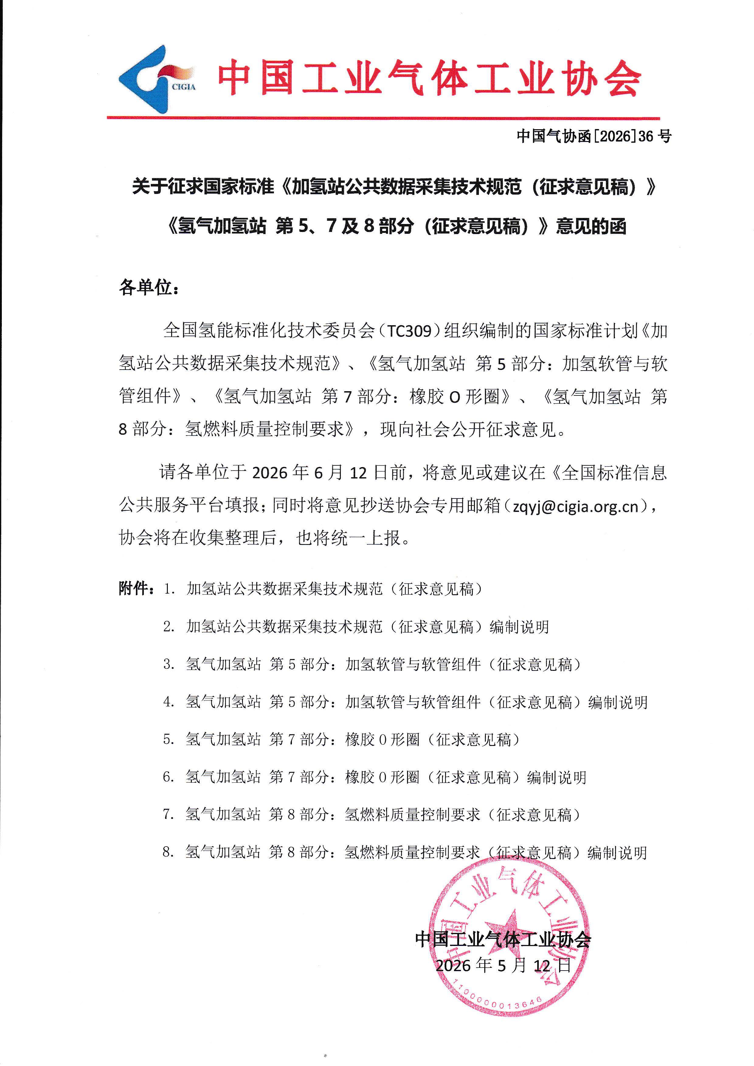 关于征求国家标准《加氢站公共数据采集技术规范（征求意见稿）》《氢气加氢站 第5、7及8部分（征求意见稿）》意见的函(图1)